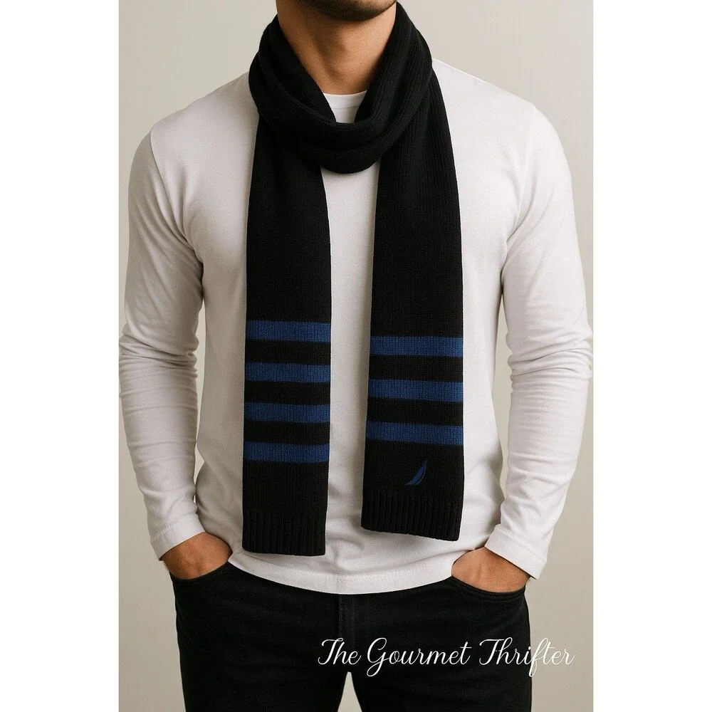 Nautica Men’s Black Blue Striped Knit Scarf Long Logo Winter